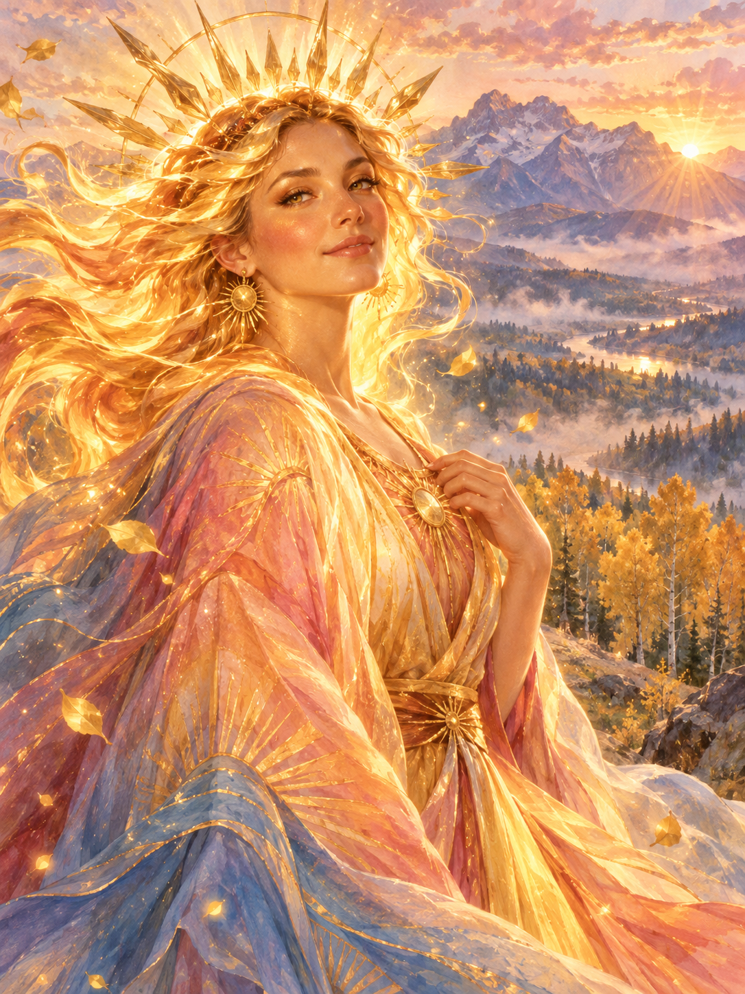 Illustrated portrait of Zora with flowing golden hair and a sunrise behind the mountains