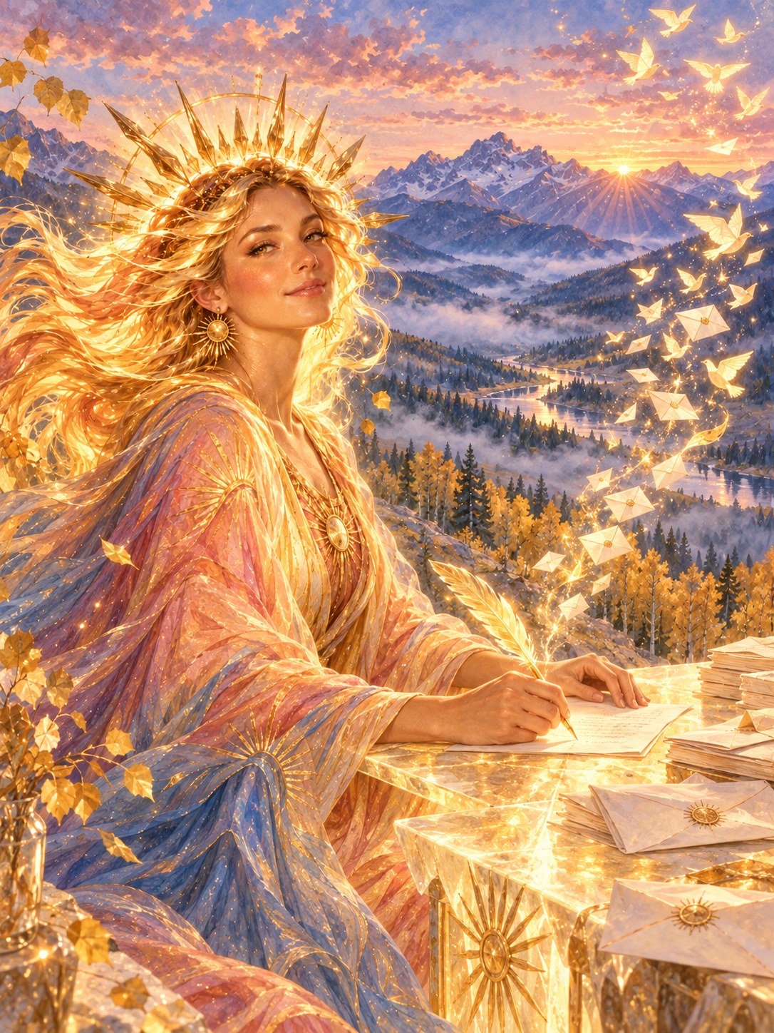 Zora at a glowing desk writing with a golden quill as paper birds and envelopes drift toward the sunrise over a misty valley
