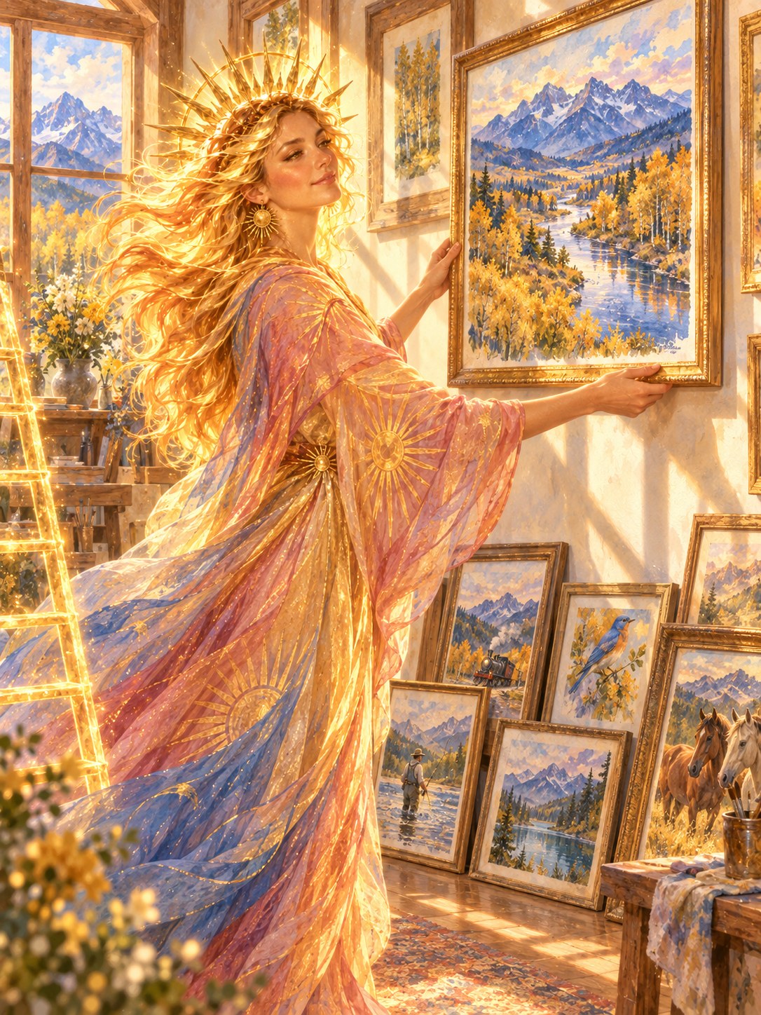 Zora hanging a framed valley painting on a gallery wall, more paintings leaning below