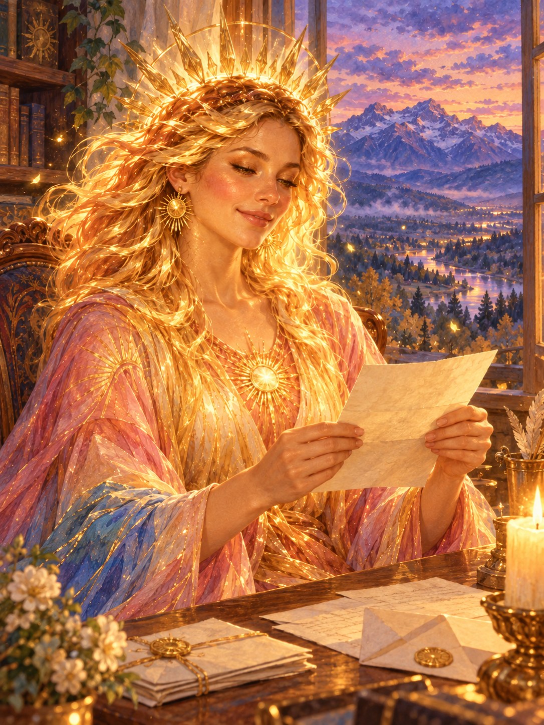 Zora reading a letter at a candlelit desk with a sunrise valley in the window